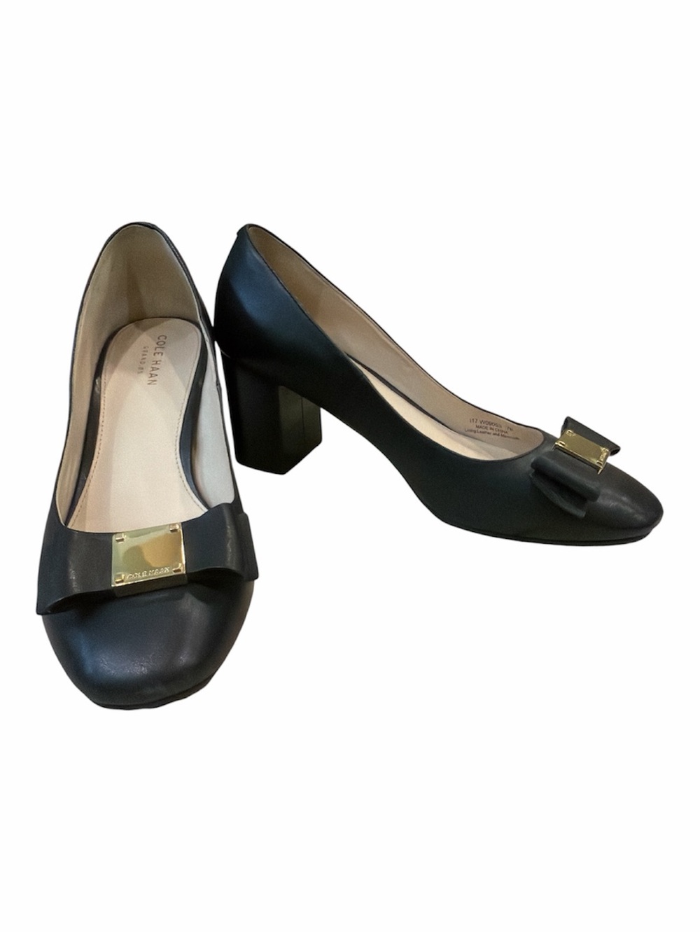 Cole Haan Black Tali Bow Block-Heel with Gold Accent - Size 7.